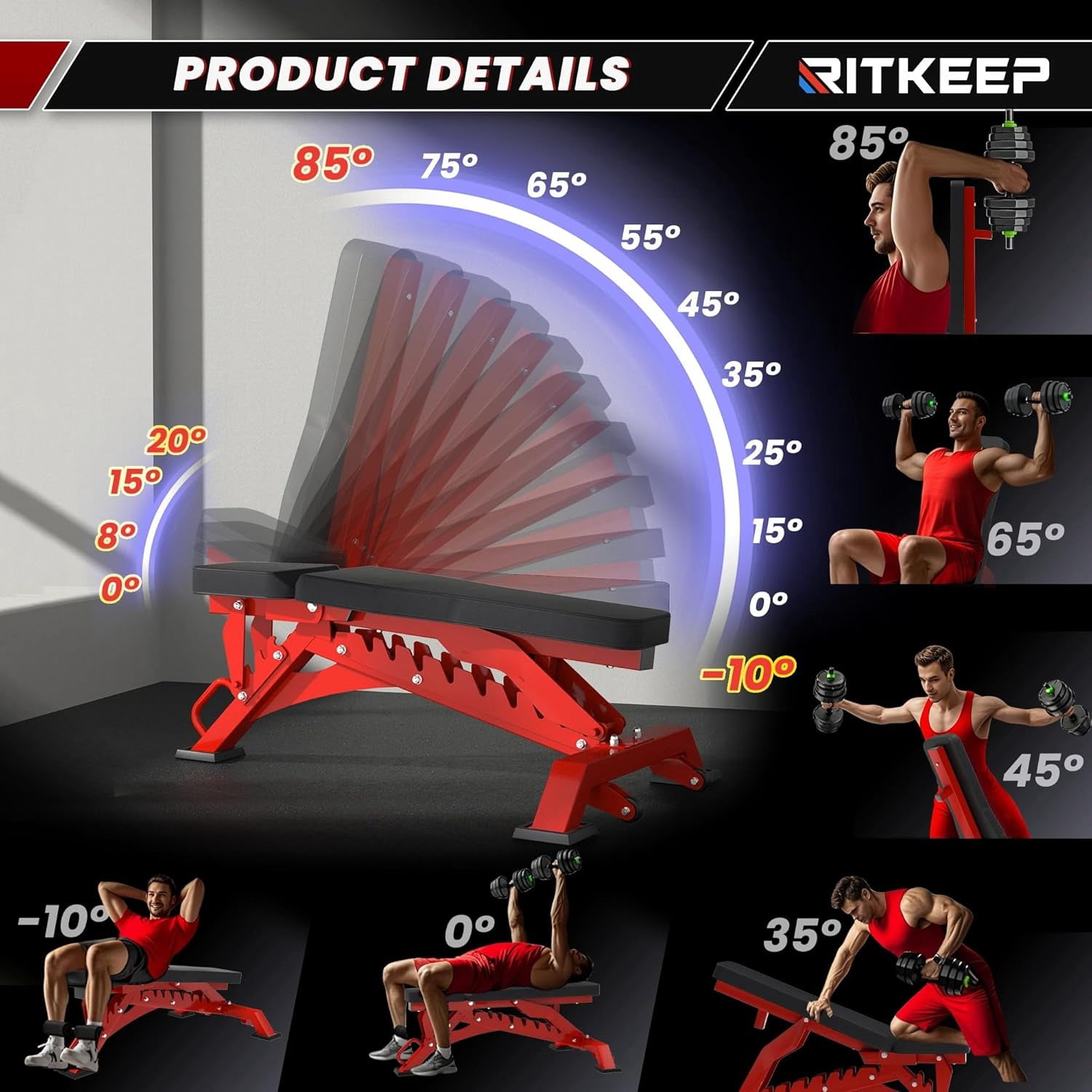 RitKeep Fitness Adjustable Weight Bench 1300 lb Capacity for Home Strength Training