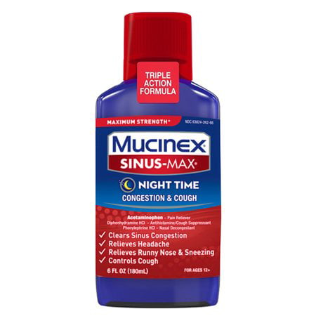 Mucinex Sinus-Max Max Strength Night Time Congestion & Cough Relief Liquid, (Best Mucinex For Sinus Congestion)
