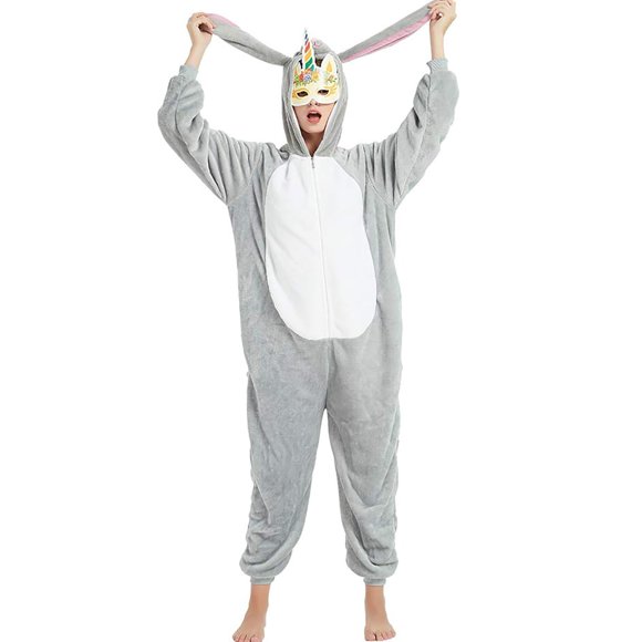 ANBOTA Easter Bunny Costume Rabbit Onesie for Adult Women Men Halloween Pajama, Gray, M