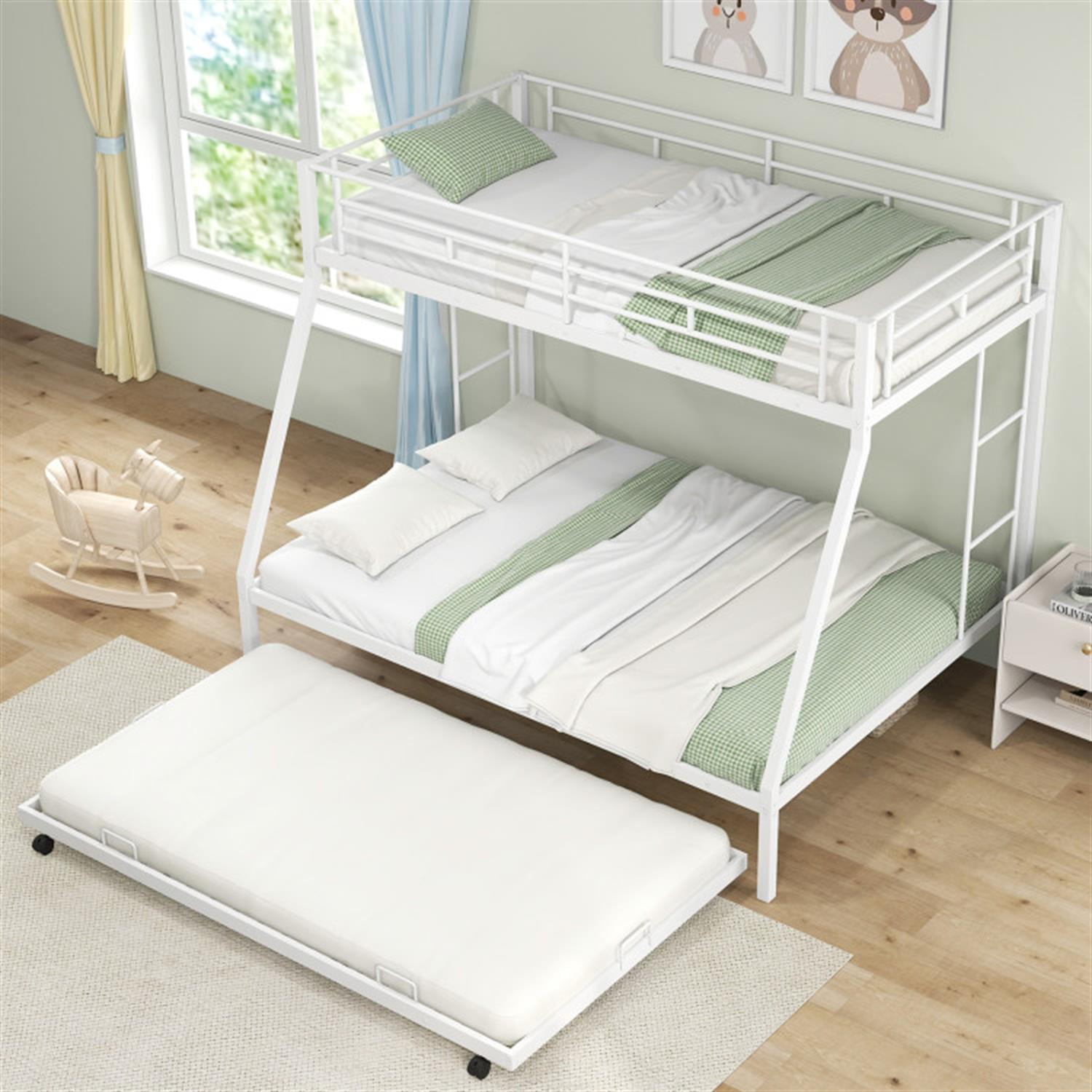 Demi Bonn Twin Pull-Out Bunk Beds with Ladder in the Steps and a Trundle for Guest Room, Full Convertible Bunk Bed Platform, White
