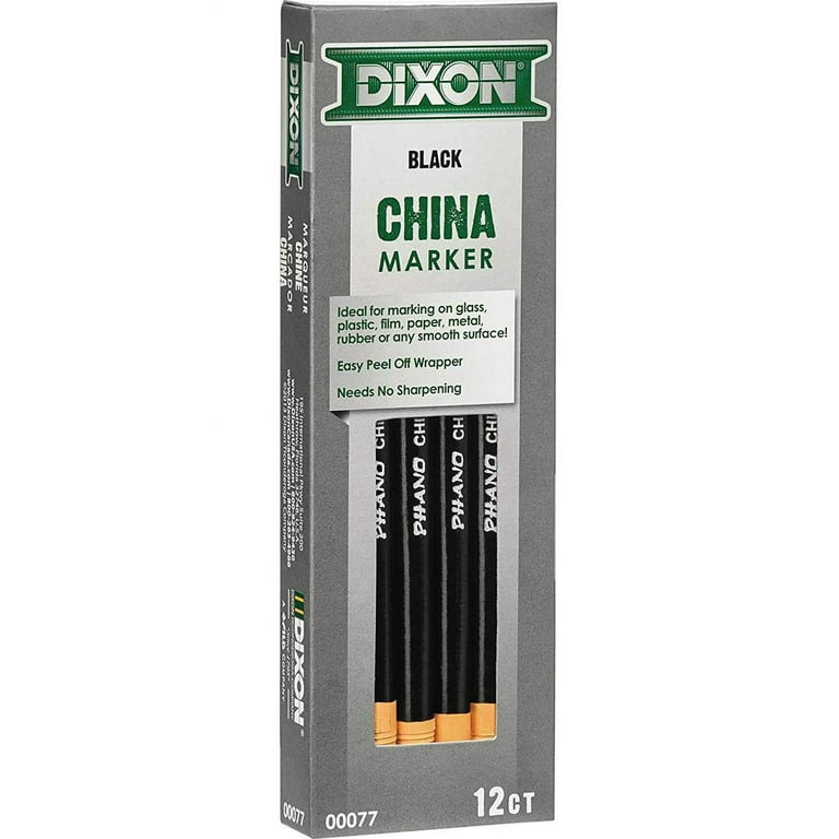 Dixon Phano China Marker Black 77 00077, Peel Off Grease Pencil, Box of 12