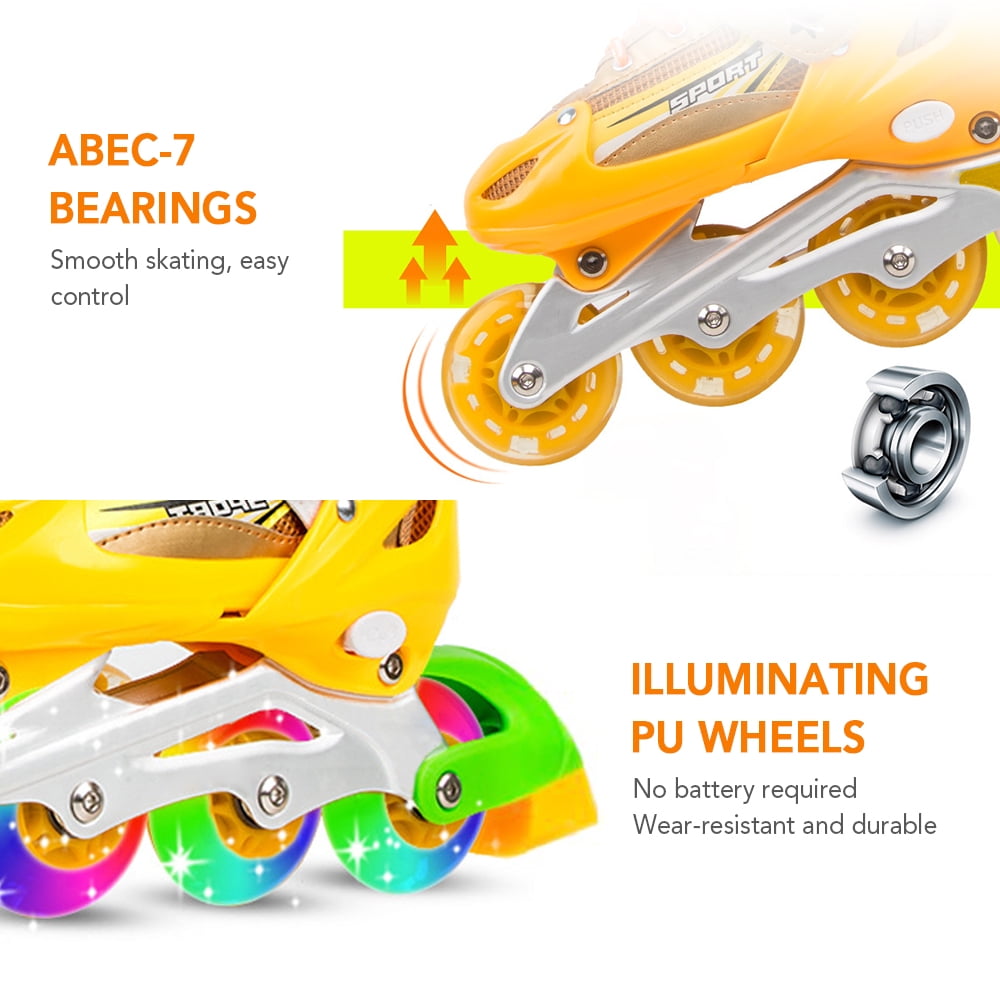 Riousery Adjustable Inline Skates with Light Up Wheels for Kids and Adults Indoor Outdoor Fitness Recreational Roller Skates for Boys Girls Men Women, Golden, Size Small (13.6 in / 34.5 cm)