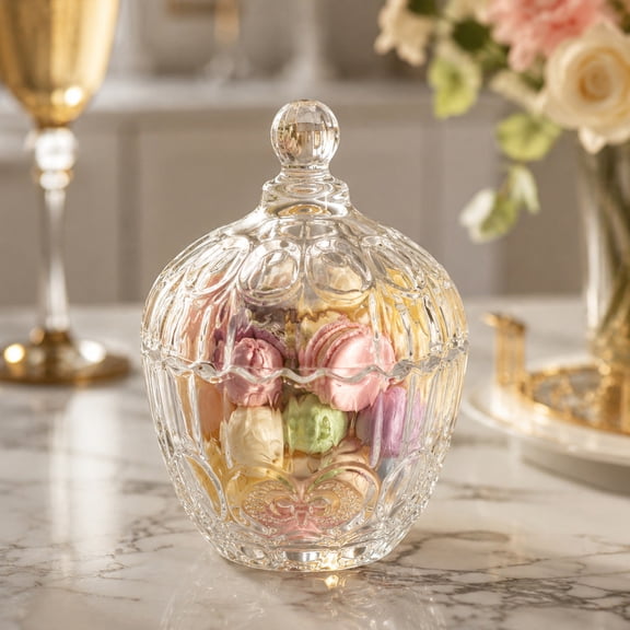 Miwamany European Embossed Owl Crystal Glass Storage Jar, Decorative Lidded Candy Clear Canister for Kitchen Counter Vanity Table, Thick Glass Apothecary Jar for Home Decor (5.51x3.93in)