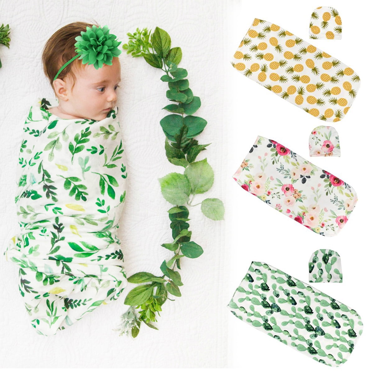 2PCS Newborn Swaddle Blanket with Beanie Hat Set, Baby Stretchy Cotton