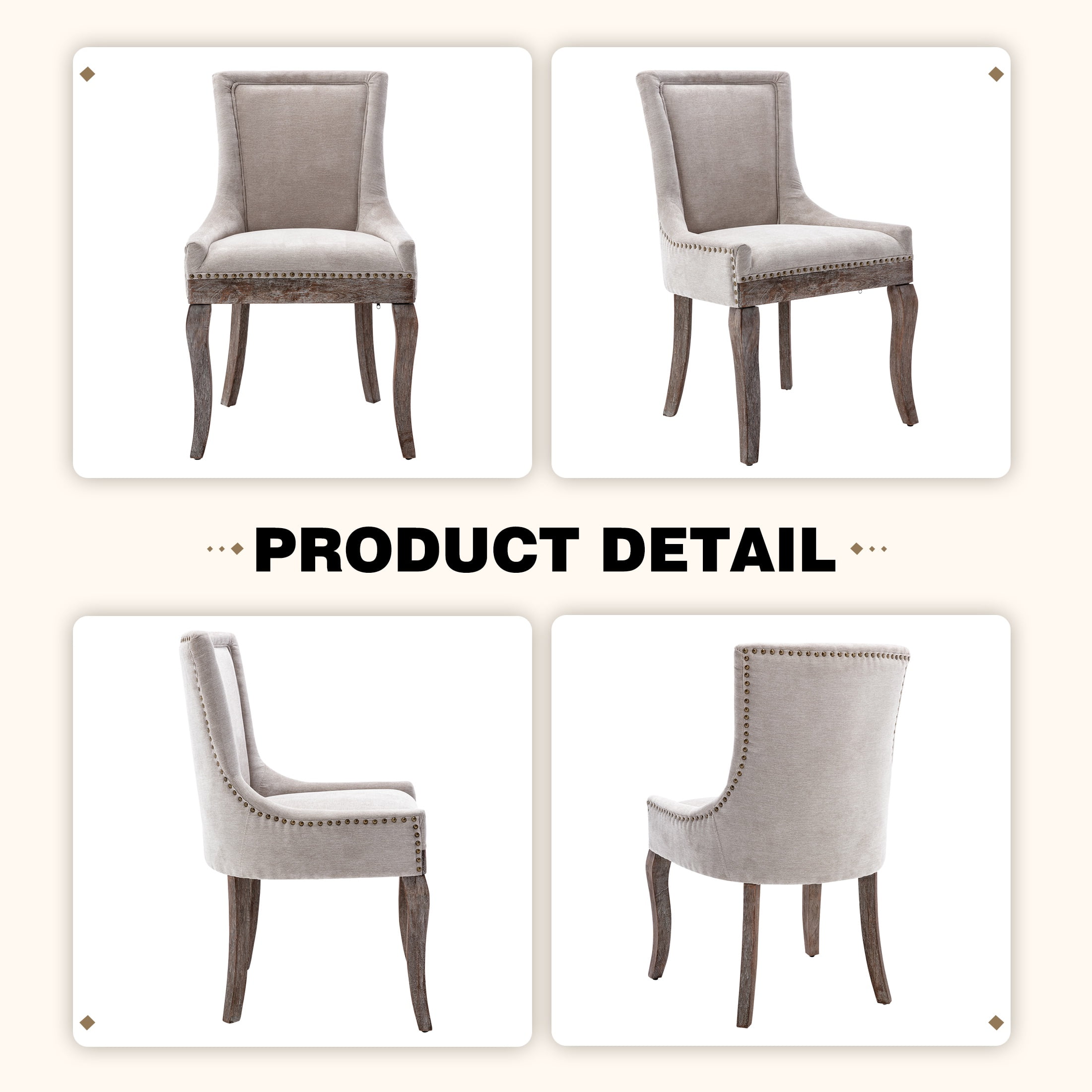 Dining Chairs Set of 2, LEGAHOME Beige Fabric Upholstered Dining Chairs, Mid-century Kitchen Chairs with High Back, Bronze Nail Head, Solid Wood Legs, Beige, 2 Pcs