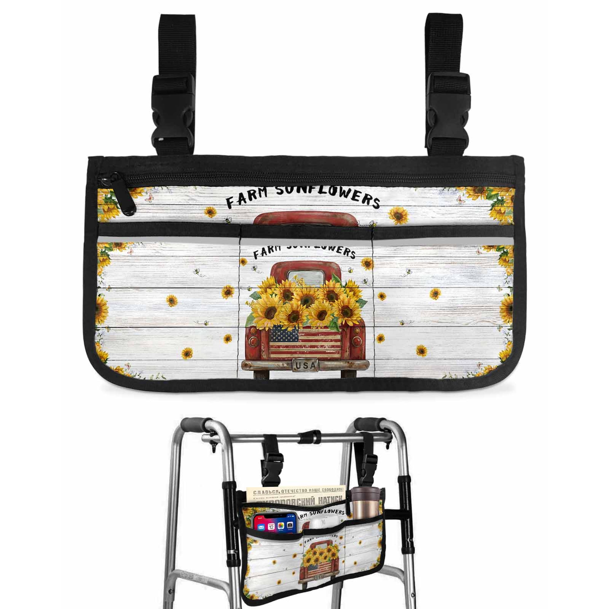 Farm Sunflowers Wheelchair Side Bag with Cup Holder, Summer Yellow Floral Leaves Red Truck Wooden Wheelchair Armrest Bag Storage Pouch Adults, Seniors for Walkers, Rollator, Scooter