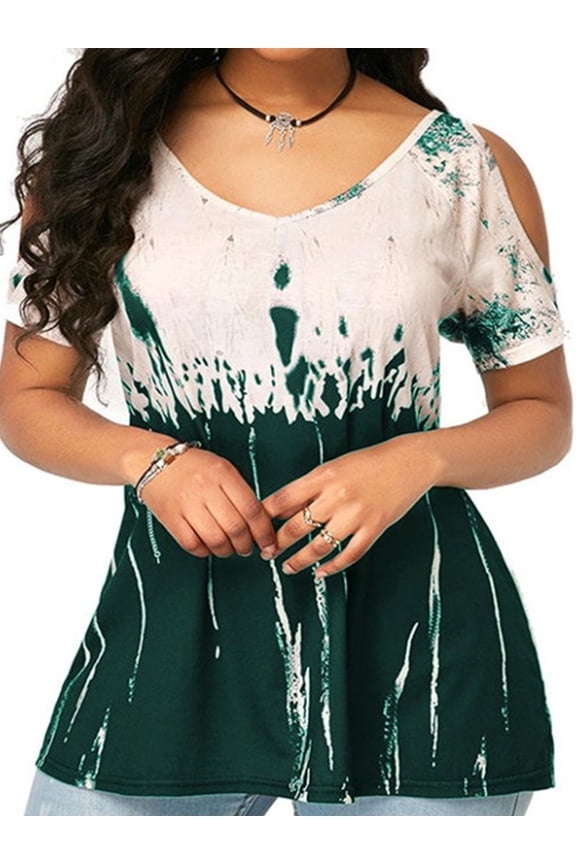 Women Tee V Neck T Shirt Tie Dye T-shirt Loungewear Tunic Blouse Casual Pullover Green 3XL