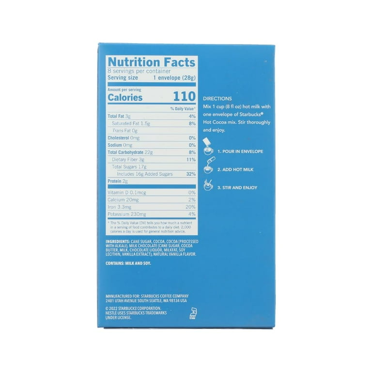 Starbucks Milk Chocolate Cocoa, 8 Count Box, 8 oz (Pack of 1
