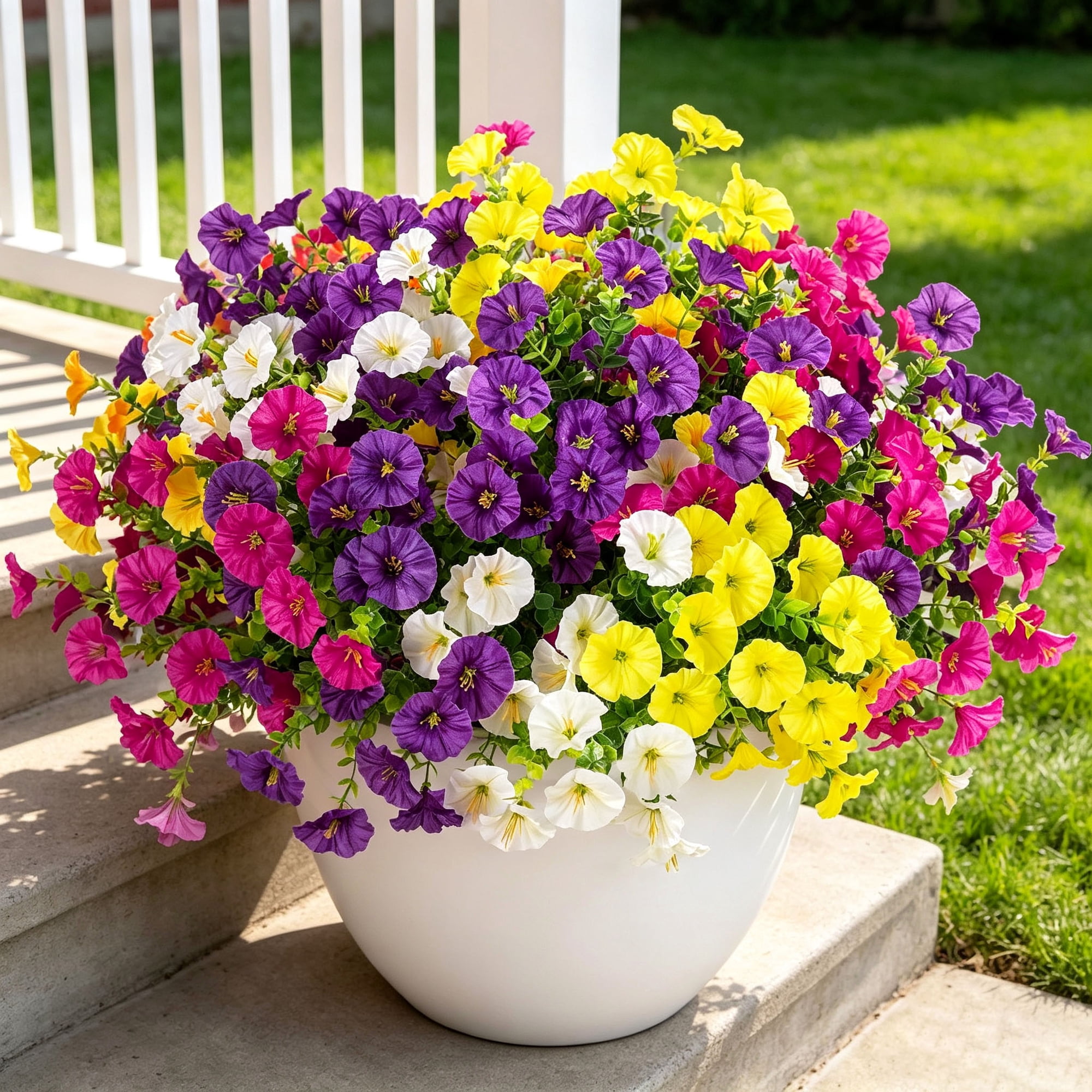 12 Bundles Artificial Morning Glory with Eucalyptus Real Looking Silk Faux Flowers for Outdoors UV Resistant Fake Flowers for Outside Planter Patio Yard Balcony Porch Window Box Urn Decor