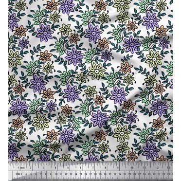 Soimoi Georgette Viscose Fabric Leaves & Floral Block Printed Fabric 1 Yard 42 Inch Wide
