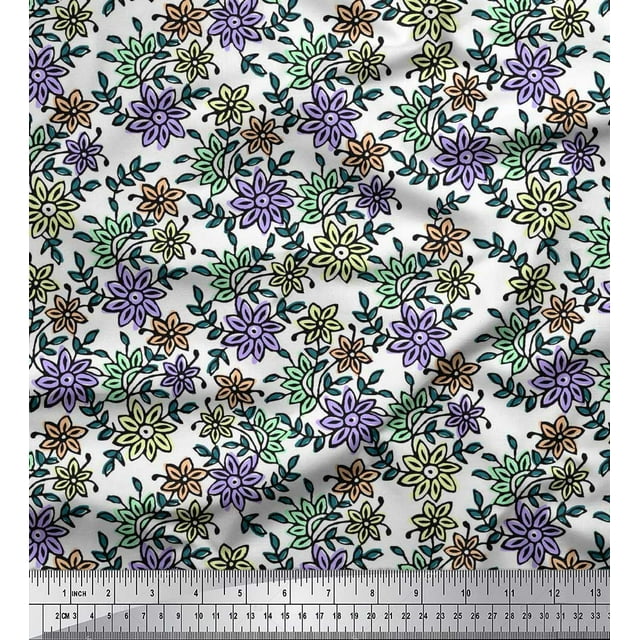 Soimoi Rayon Crepe Fabric Leaves & Floral Block Print Fabric by Yard 46 Inch Wide