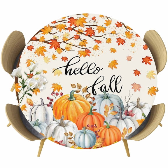 Fall Thanksgiving Round Tablecloth, Fitted Table Cover with Elastic for 55"-60" Round Tables, Orange White Pumpkin Maple Leaf Table Cloth Outdoor Indoor Dinning Party Waterproof Tablecloths