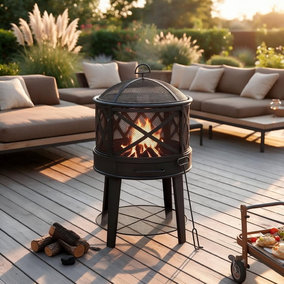 18" Round Wood Burning Fire Pits, 2 in 1 Metal Fire Pit & BBQ Table with Poker,Ash Pan for Patio, Backyard , Camping Beach