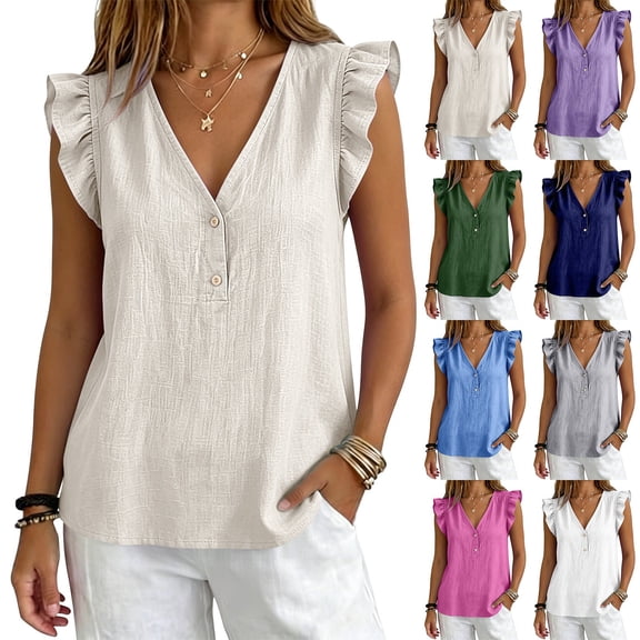 Only Moment Cute White Tops for Women V Neck Tank Tops for Women with Ruffled Cuffs 60%Cotton,40%Linen Cute Summer Basic Crop Top for Teen Workout Going Out Beige,L