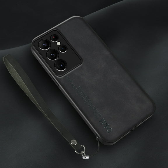 ELEHOLD Leather Case for Samsung Galaxy S23 Ultra, Skin-Friendly Premium Leather Lens Protection with Wrist Strap Compatible with Magnetic Car Mount Shockproof Case,Black