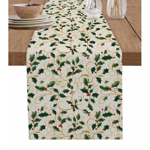 Ldtrchee Christmas Botanical Table Runner 70 Inches, Green Xmas Leaf Berry Rustic Bed Runner Dresser Scarves Tabletop for Indoor Outdoor Parties/Ceremony/Banquet, 13" x 70"