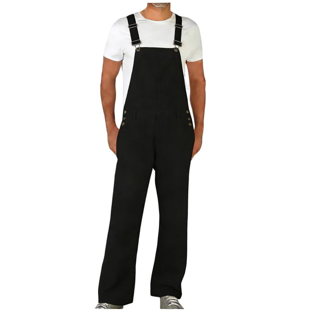 Men's Distressed Denim Bib Overalls, Loose Straight Leg Adjustable Strap Rugged Workwear Casual Jumpsuits with Pockets,Black,L