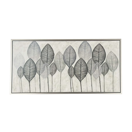 Wall Art With Paint Decmode Natural Fir Wood and Canvas Painted Black and White Veined Leaves Rectangular Framed Wall Art, White ()