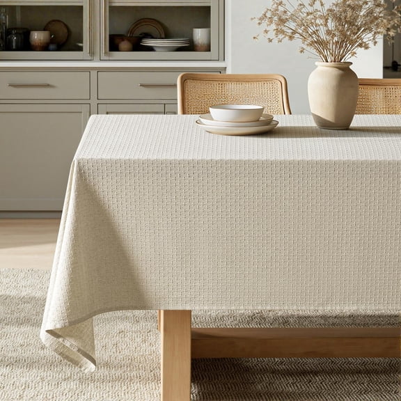 Natural Beige Linen Cotton Table Cloth Rectangle Tablecloth Spring Waterproof Spillproof Cross-Star Textured Table Cltoth Decorative Farmhouse Style for Dining Party Weddings 60x120 Inch