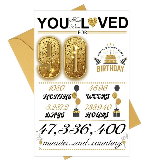 Uxcell 90th Birthday Card, Happy Birthdays Card Time Greeting Card with Envelope for Girl Boy Women Gift Friend Birthday Decorations, Gold Tone