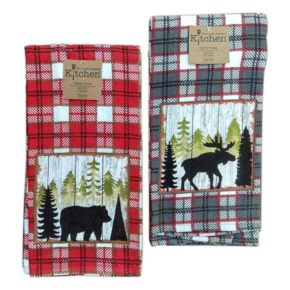 Set of 2 MOOSE & BEAR Plaid Simple Living Lodge Kitchen Terry Towels by Kay Dee