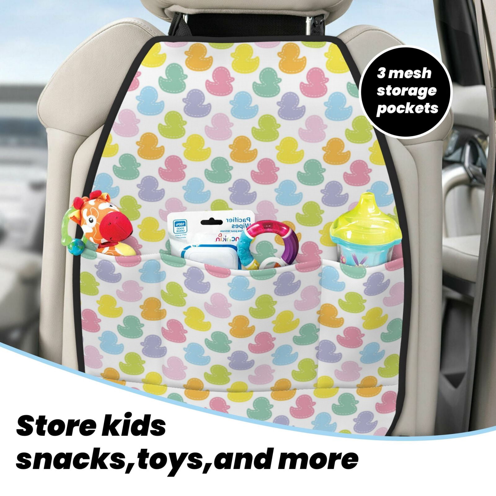 Kdxio Colorful Rubber Duck Print 2 Pack Car Kick Mat Seat Cover Back Protector Mat with Pockets for Organizer Backseat Protector and Storage Anti Kick Pad for Vehicles