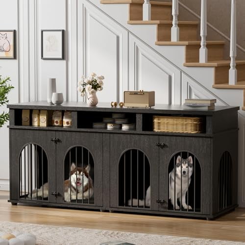 71‑Inch XL Double Dog Crate Furniture for 2 Medium Dogs, Indoor Heavy‑Duty Cage with Storage Shelves