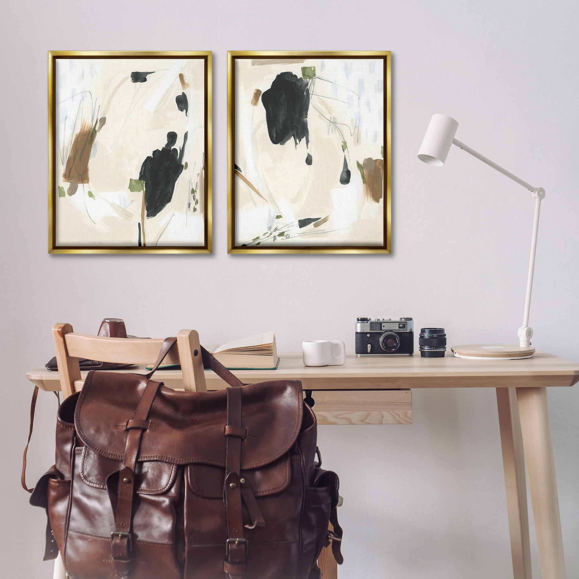 Stupell Industries Beige Olive Abstract Classic Abstract Painting Gold Floater Framed Canvas Art Print Wall Art, 31 x 25, Set of 2