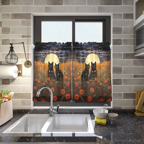 Cats Flowers and Moon Clouds Grass Kitchen Curtains Half Tier Curtain 2 Rod Pockets Bathroom Bedroom Cupborad Living Room 27"x24"