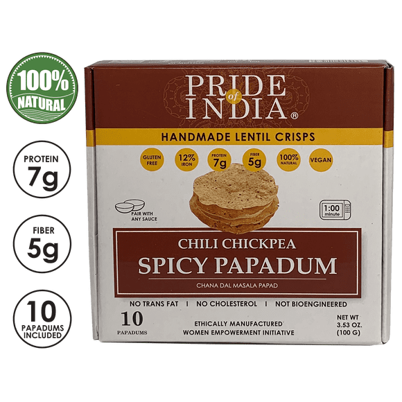 Pride Of India - Spicy Chickpea Masala Papadum Lentil Crisp, 10 count (3.53oz - 100gm) - Microwaveable Instant Chips, Gluten-Free Vegan Crackers, Healthy Protein, Fiber & Iron Rich Snacks