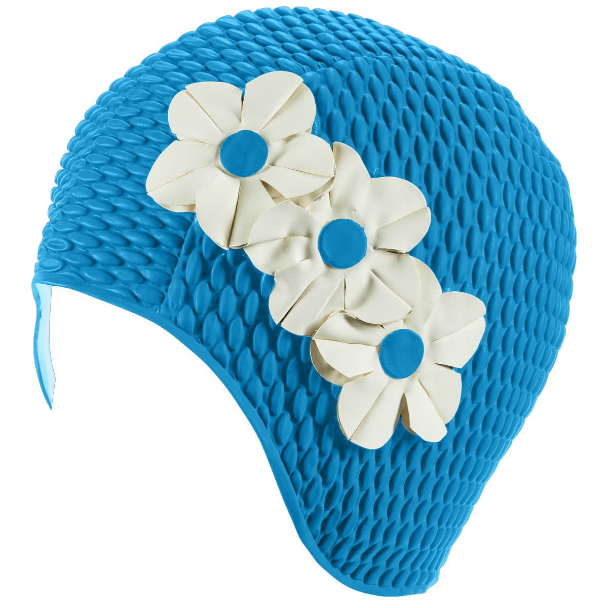 Beemo Swim Bathing Caps for Women & Girls - Retro Style Latex Bubble Crepe Swimming Hat with Tripple Flowers for Long/Short Hair