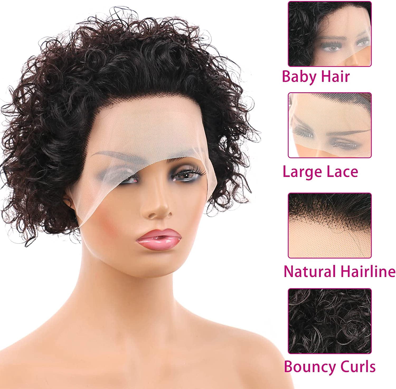 Short Pixie Cut Wigs for Women 13x1 Lace Front Human Hair Wigs Remy Brazilian Curly Wigs Natural Black 6 Inch 150% Density Tight Curls