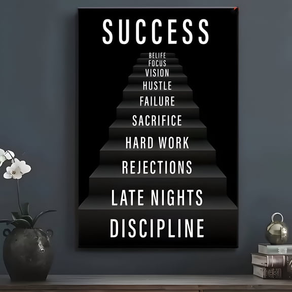 Stairway to Success Motivational Poster Wall Art Modern Inspirational Decor for Home Office Bedroom Living Room Café, UNFRAMED 8x12