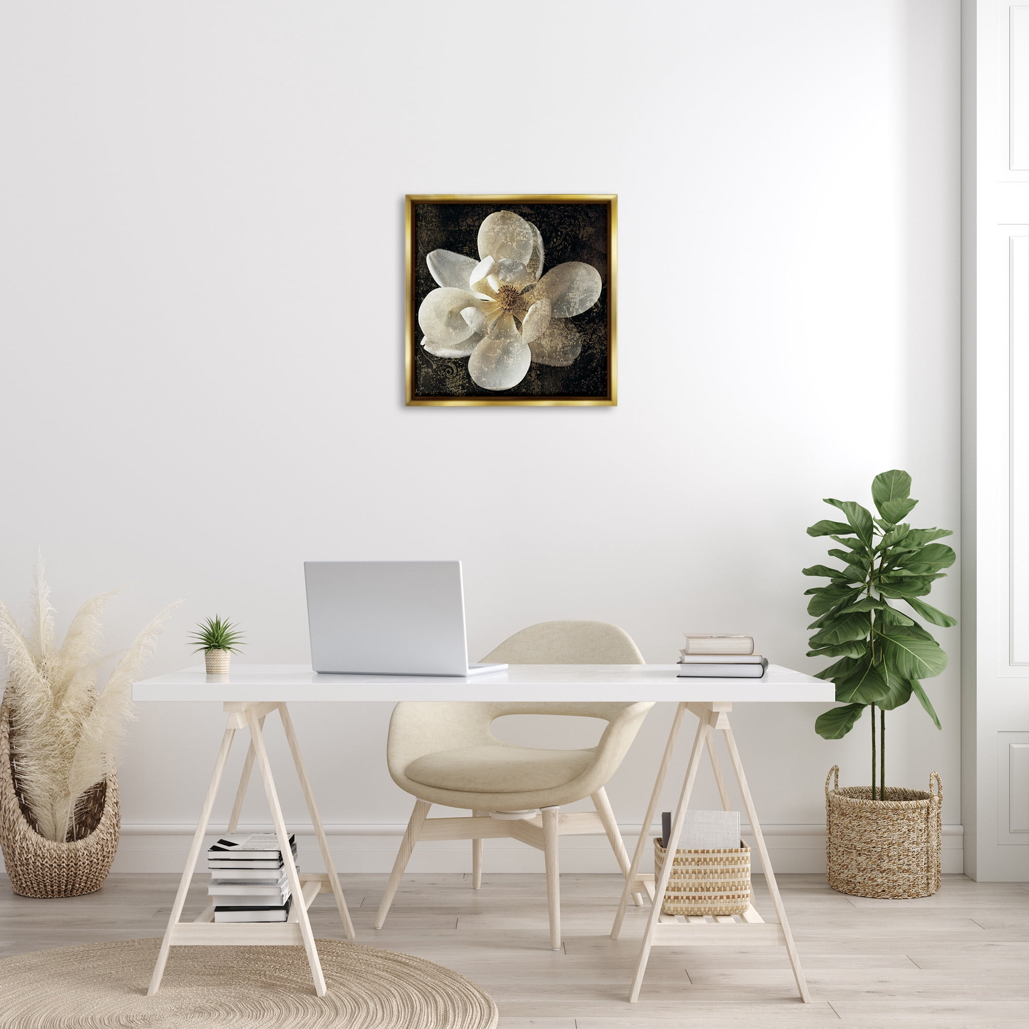 Stupell Industries Rustic Patterned Magnolia Botanical & Floral Painting Gold Floater Framed Canvas Art Print Wall Art, 25 x 25