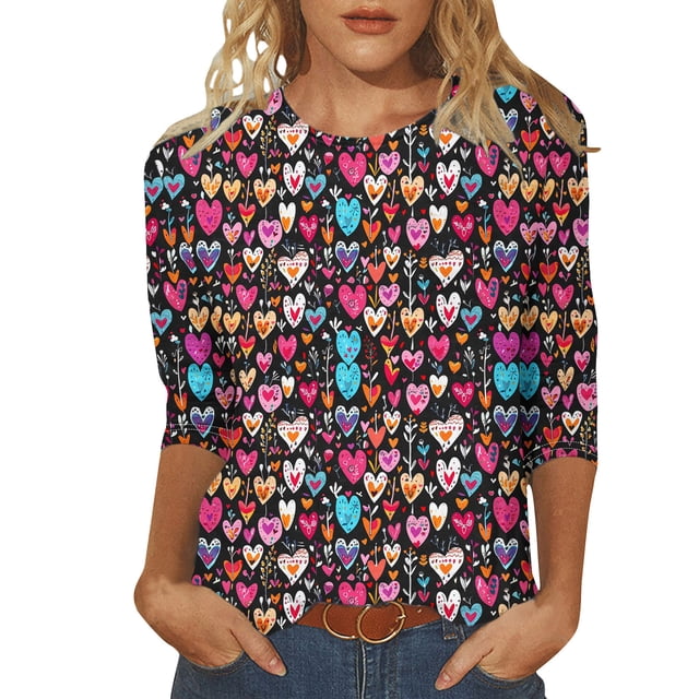 Penkiiy Chemises de la Saint-Valentin pour Femmes Manches 3/4 Col Rond Blouses Décontractées Imprimé Mignon Tuniques Tops 2025 5TG Multicolore