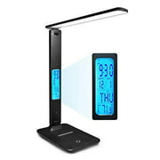 Touch Desk Lamp , Wireless LED Desk Lamp with Smart Features (Clock, Alarm, Date, Temperature) - Adjustable, Foldable Table Lamp - 3 Levels of Dimmable Lighting - Suitable for Office, Bedr