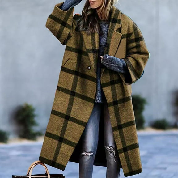 Usmixi Winter Womens Wool Jacket Trench Overcoat for Women Fashion Plaid Print Button Lapel Plus Size Long Coat Long Sleeve Cozy Woolen Coats Outwear with Pocket 2023 Wool Jacket