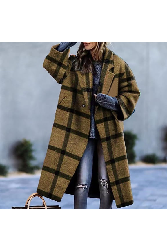 Usmixi Winter Womens Wool Jacket Trench Overcoat for Women Fashion Plaid Print Button Lapel Plus Size Long Coat Long Sleeve Cozy Woolen Coats Outwear with Pocket 2023 Wool Jacket