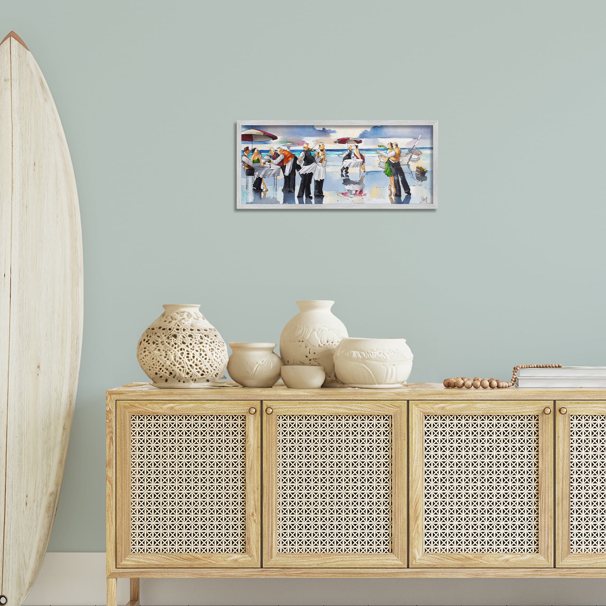 Stupell Industries Fancy Dinner on Beach Novelty Painting Gray Framed Art Print Wall Art, 24 x 10