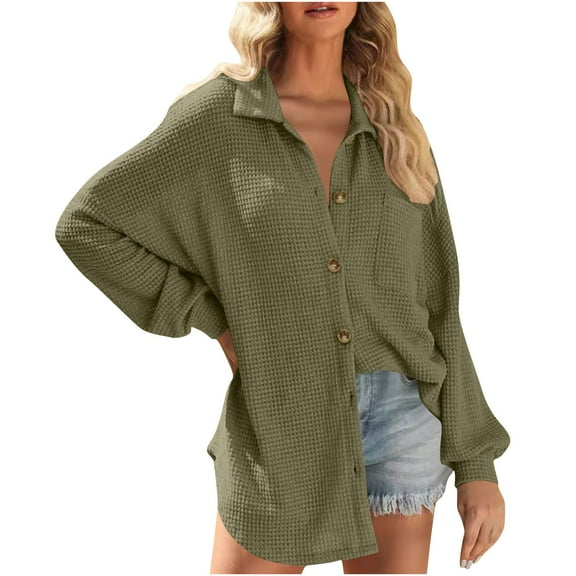Arnsht Womens Fashion Waffle Knit Shacket Jacket Casual Long Sleeve Button Down Shirts Dressy Blouses Tops Green XXL