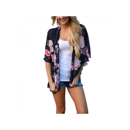 Flare Kimono - MarinaVida Women's Summer Vintage Floral Print Kimono Perspective Cardigan Chiffon Blouse Half Flare Sleeve Shirt