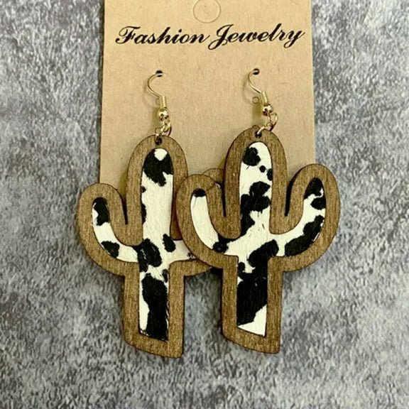 Brown Wood Leopard Cowhide Genuine Leather Cow Tag Western Earrings for Women