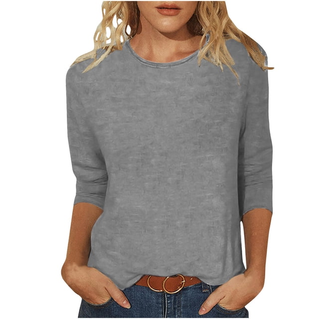 Hauts à Manches 3/4 pour Femmes Mode pour Femmes T-Shirt Uni Ample Mi-Long Blouse à Manches 3/4 Col Rond Hauts Décontractés T-Shirts en Coton Femmes T-Shirts pour Femmes Mode