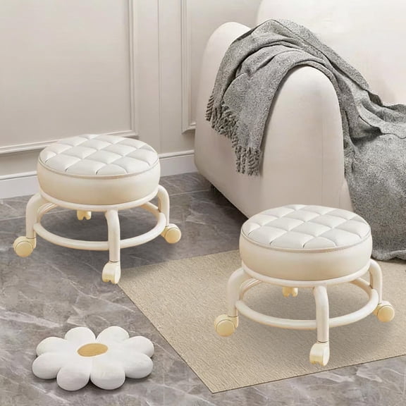 Eespoir Swivel-Wheel Stool, Home Plastic Casters Low Stool, Living Room Movable Seat for Kitchen, Bar, Workstation, Rolling Stool, Adjustable Height(White)