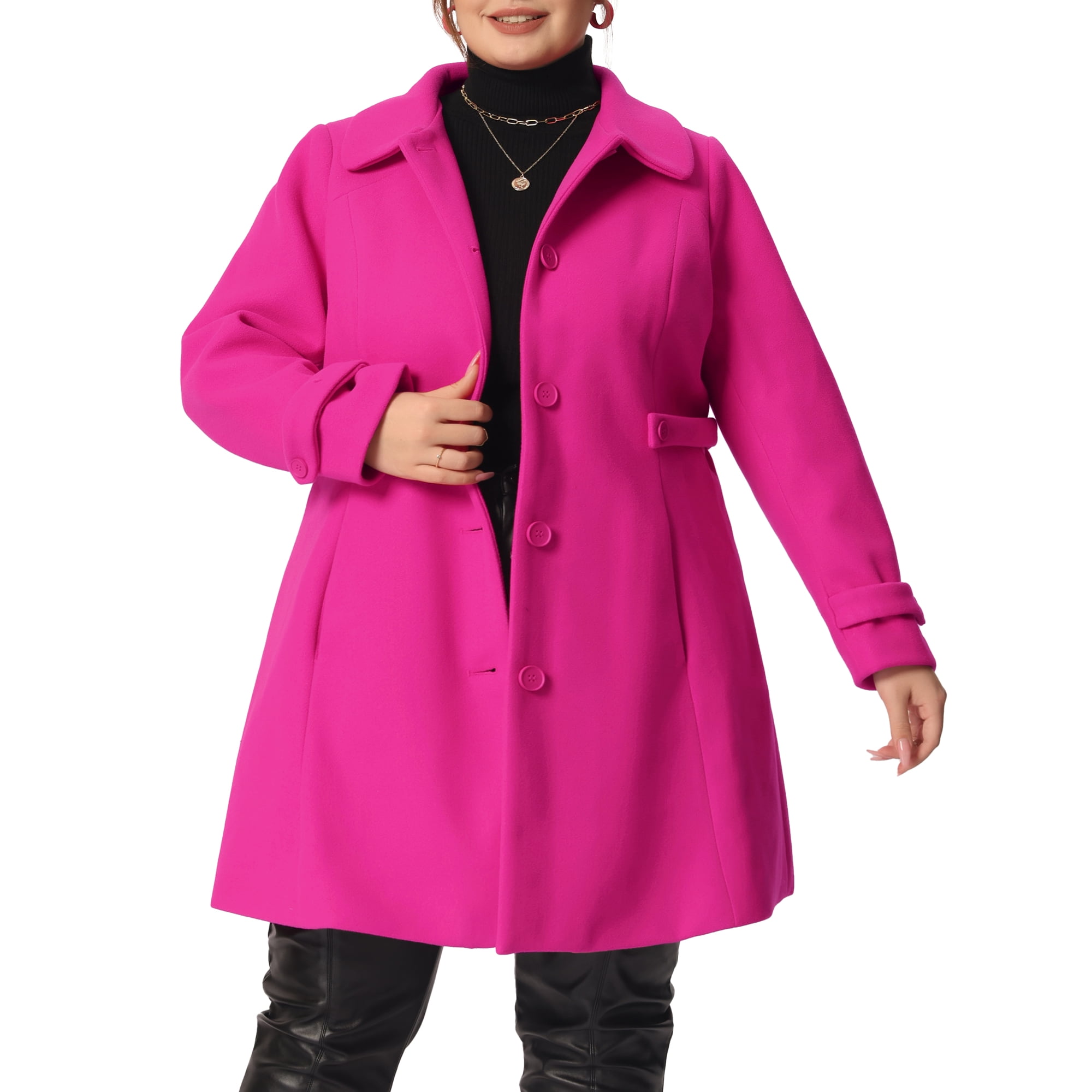Unique Bargains Plus Size Women s Peacoat Peter Pan Collar Single Breasted Long Wool Coats Hot Pink 1X