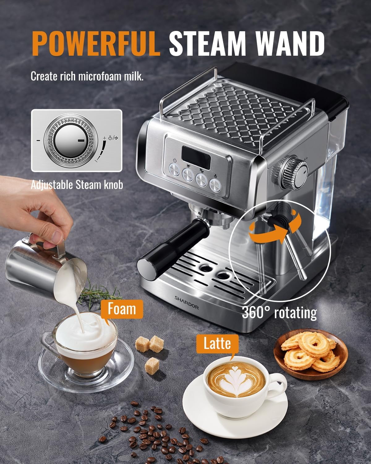 GDOR 1350W Espresso Machine 20 Bar with Milk Frother Steam Wand, Professional Manual Latte & Cappuccino Maker for Home, 60 Oz Water Tank, Temperature Display, Stainless Steel