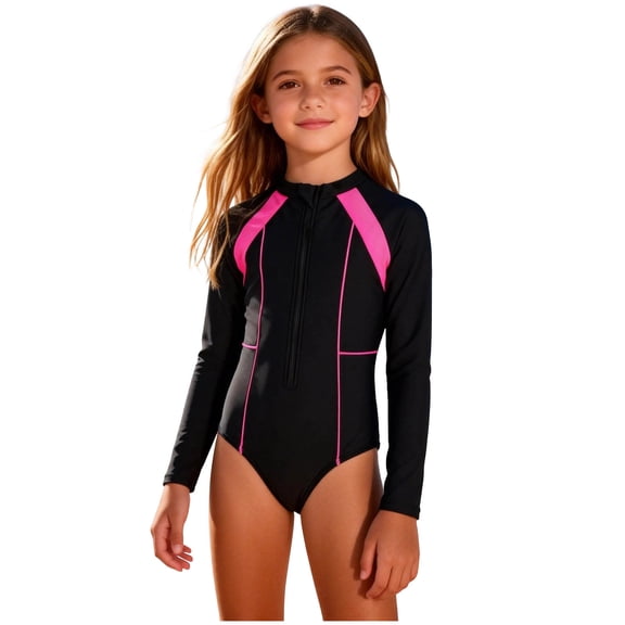 Loopsun Girls Patchwork Long Sleeve Sun Protection Beach Soft Swimwear Swimsuit Black, 10-11 Years