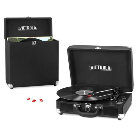 Victrola Record Player Bundle Includes a 3-Speed Turntable, Record Storage Case and Replacement Needles, Black