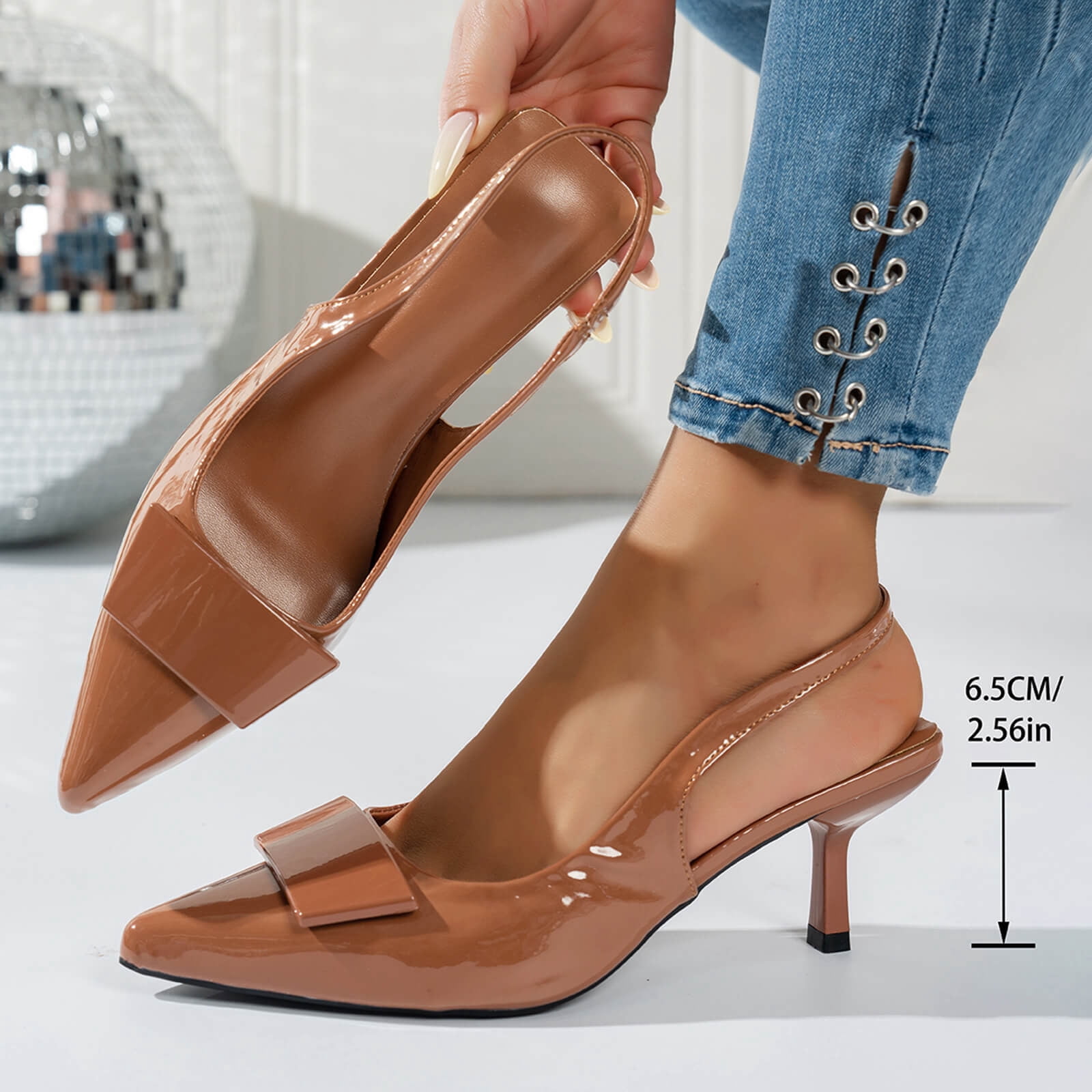 Bkhluea Women Square Front Bow Patent Slingback Kitten Heel Pumps Pointed Toe Elegant Footwear For Party Office Casual Outdoor Evening Wedding