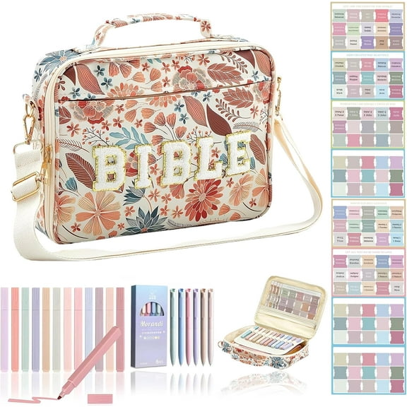 Suitablen Pretty Bible Bag for Women - Floral Chenille Letter Design, 12 * 9 * 2.5 Inch Quilted Bible Cover Case with Tabs, Gel Pen, Highlighters, Large Preppy Chenille Letter Bibles Tote Bag (A)
